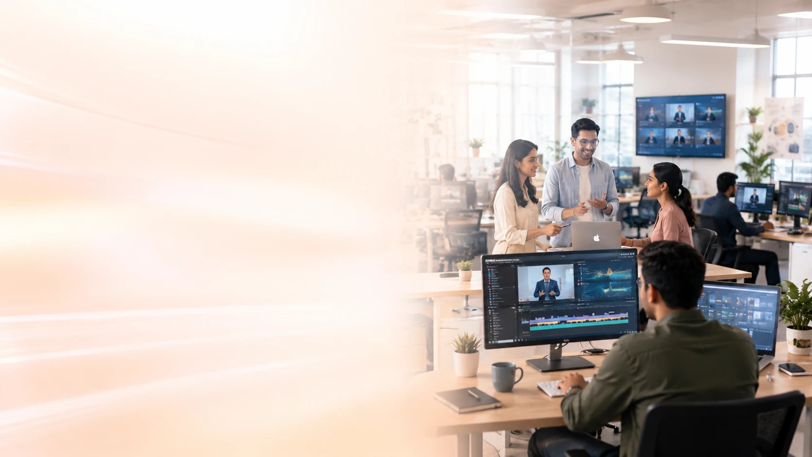 A platform content team working across monitors in an open-plan office